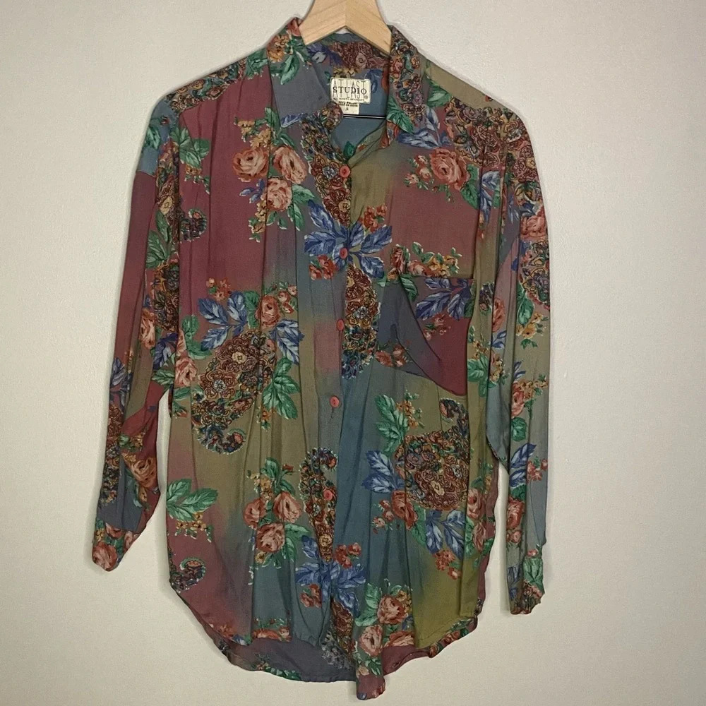 Vintage 90s Floral Blouse size small At Last Studio boho y2k feminine warm tones